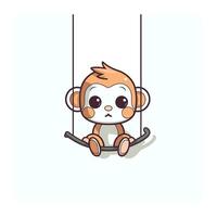 Cute cartoon monkey swinging on a swing. Vector illustration on white background.