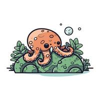 Octopus in the seaweed. Vector illustration isolated on white background.