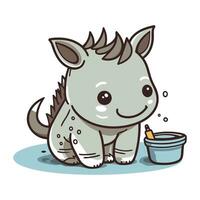 Cute cartoon rhinoceros with bucket of paint. Vector illustration.