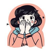 Young woman crying and covering her face with hands. Vector illustration.