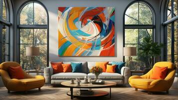 Modern bright living room interiors with art wallpaper. AI Generated. photo