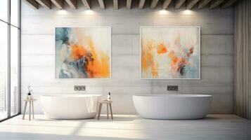 Modern bright bathroom interiors with art wallpaper. AI Generated. photo