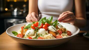 Spaghetti with mushrooms and tomatoes. AI Generated. photo