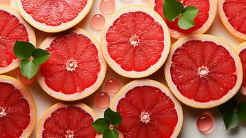 Fresh grapefruit slice background on white background. Ai generated. photo