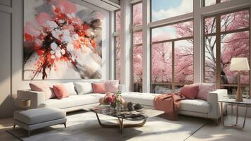 Modern bright living room interiors with art wallpaper. AI Generated. photo