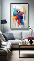 Modern living room interior with sofa, coffee table and painting on wall. AI Generated. photo
