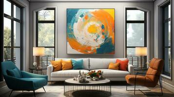 Modern bright living room interiors with art wallpaper. AI Generated. photo