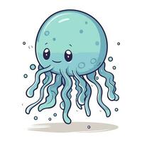 Cute cartoon blue jellyfish. Vector illustration isolated on white background.