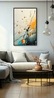 Interior of modern living room with gray sofa, coffee table and picture on wall. AI Generated. photo