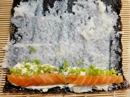 different Kinds of asia seafood sushi on a slate photo