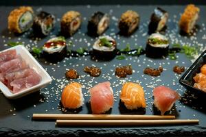 diferentes tipos de sushi de marisco asiático en una pizarra foto