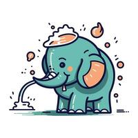 Vector illustration of cute cartoon elephant washing itself. Isolated on white background.
