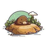 Cute cartoon hippopotamus sitting on a rock. Vector illustration.