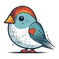 Vector illustration of cute cartoon little bird with heart in beak.