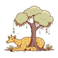 Illustration of a cute giraffe sleeping under a tree. Vector illustration.