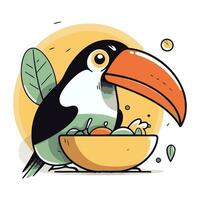 Cute toucan in a bowl with vegetables. Vector illustration.