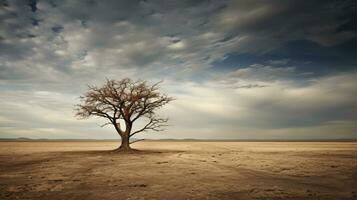 A dead tree is a stark contrast to the desolate desert in this scenic wallpaper. ai generative photo