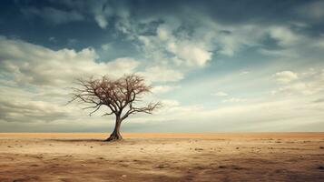 A dead tree is a stark contrast to the desolate desert in this scenic wallpaper. ai generative photo