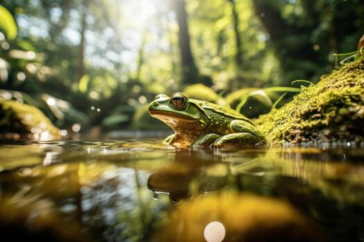un de cerca de un verde rana sentado en un rock en agua. ai generativo foto