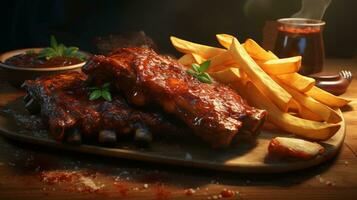 Tender and smoky ribs slathered in barbecue sauce with a side of fries. ai generative photo