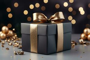 Photo of black gift boxes with golden ribbon bow tag and golden. AI Generative