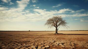 A dead tree is a stark contrast to the desolate desert in this scenic wallpaper. ai generative photo