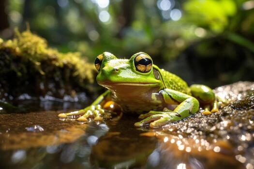 un de cerca de un verde rana sentado en un rock en agua. ai generativo foto