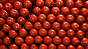 A bunch of red tomatoes on a table. The tomatoes are of different shapes and sizes, creating a visually appealing display. AI Generative photo