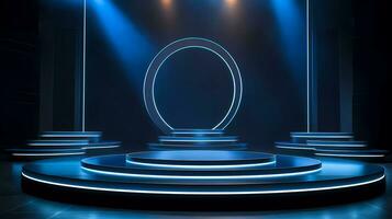 AI Generated Three blue podiums in front of a metal circle on blue background photo