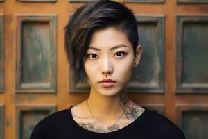 AI Generated Beauty Portrait of pretty girl with short hair and cool tattoos, looking into a camera. photo