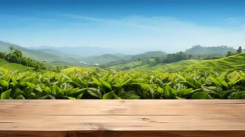 ai generado un de madera mesa con un verde té campo, montañas, hermosa azul cielo como el antecedentes Perfecto para bebidas y protección de la piel producto anuncios. foto