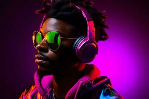 AI Generated Fashionable young african american man in neon outfit. photo