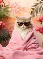 AI Generated Closeup portrait of cute cat sleeved on towel with sunglasses on photo of tropical garden.
