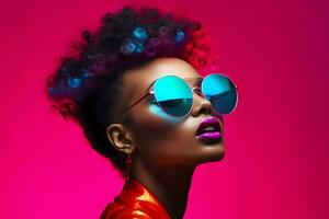 AI Generated Fashionable young african american woman in neon outfit. Female model wearing sunglasses. Studio portrait photo