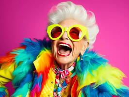 AI Generated Happy and funny cool old grandmother with fashionable clothes portrait on neon background. photo