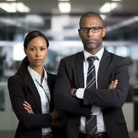 AI Generated Two business people standing together in an office. Head shot portrait photo