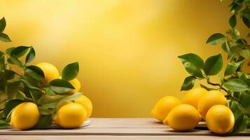 AI Generated Empty podium on light architectural background surrounded by lemons. Abstract background with minimalist style for product brand presentation. photo