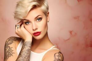 AI Generated Beauty Portrait of pretty girl with short hair and cool tattoos, looking into a camera. photo