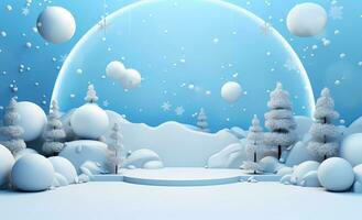 AI Generated blue cloudy christmas background with snowflakes, minimalist stage designs. Winter holiday season photo