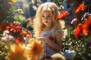 ai generado pequeño rubia niña en al aire libre flor jardín, con paisaje lleno o flores brillante y soleado día foto