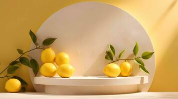 AI Generated Empty podium on light architectural background surrounded by lemons. Abstract background with minimalist style for product brand presentation. photo