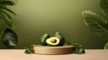 Ai generated Empty podium on light architectural background surrounded by avocadoes. photo