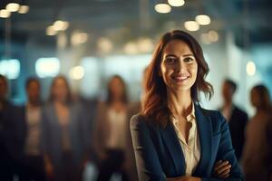 AI Generated Portrait of successful business woman in a busy modern workplace, standing in front of team, smiling at camera. photo