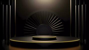 AI Generated 3d render abstract black gold background with empty stage and folded fans. Cylinder podium or vacant pedestal photo