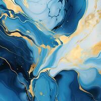 AI Generated Marble art painting blue and gold abstract liquid paint pattern. Marbling wallpaper design with natural luxury style swirls. photo