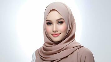 Ai generated A portrait of young smiling muslim woman wearing hijab in a professional studio. Promoting for hijab product and skincare. photo