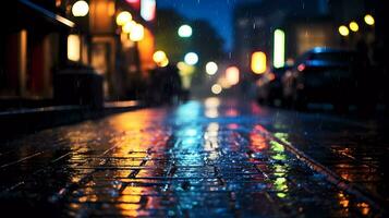 ai generado ciudad ver mediante un ventana en un lluvioso noche. lluvia gotas en ventana con la carretera ligero Bokeh. atención en gotas en vaso foto