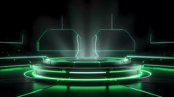 Ai generated Podium with Futuristic Green Neon Lighting Science Stage Background. 3d rendered science technology showcases. photo