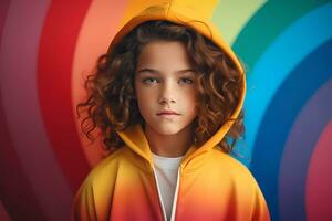 Ai generated Portrait of a little girl wearing a hood. Sportswear advertising concept. Banner. photo