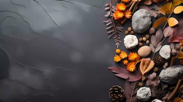 AI Generated Autumn season abstract background. Fall dried leaves and flowers on stone background. Thanksgiving Day, seasonal concept. Copy space. photo